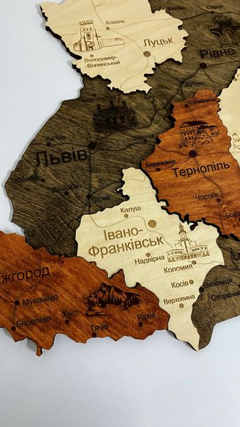 Дерев'яна мапа України "Брауні", багатошарова Travel фото — Karta-Ukrainy.com.ua