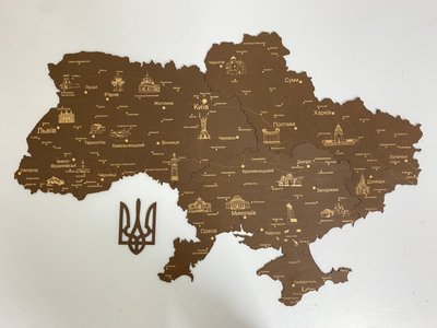 Дерев'яна мапа України коричнева, одношарова, 130×87 см фото — Karta-Ukrainy.com.ua