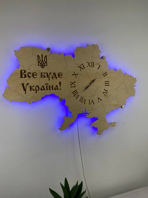 Декоративний настінний годинник з дерева у формі карти України з підсвіткою 100х65 см фото — Karta-Ukrainy.com.ua