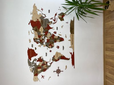 Дерев'яна карта світу, багатошарова "Deco" 150x80 см фото — Karta-Ukrainy.com.ua
