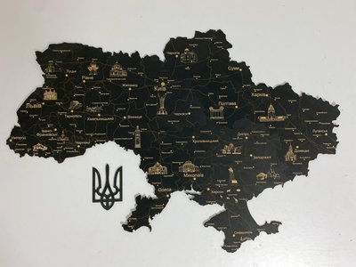 Дерев'яна мапа України чорна, одношарова, 130×87 см фото — Karta-Ukrainy.com.ua